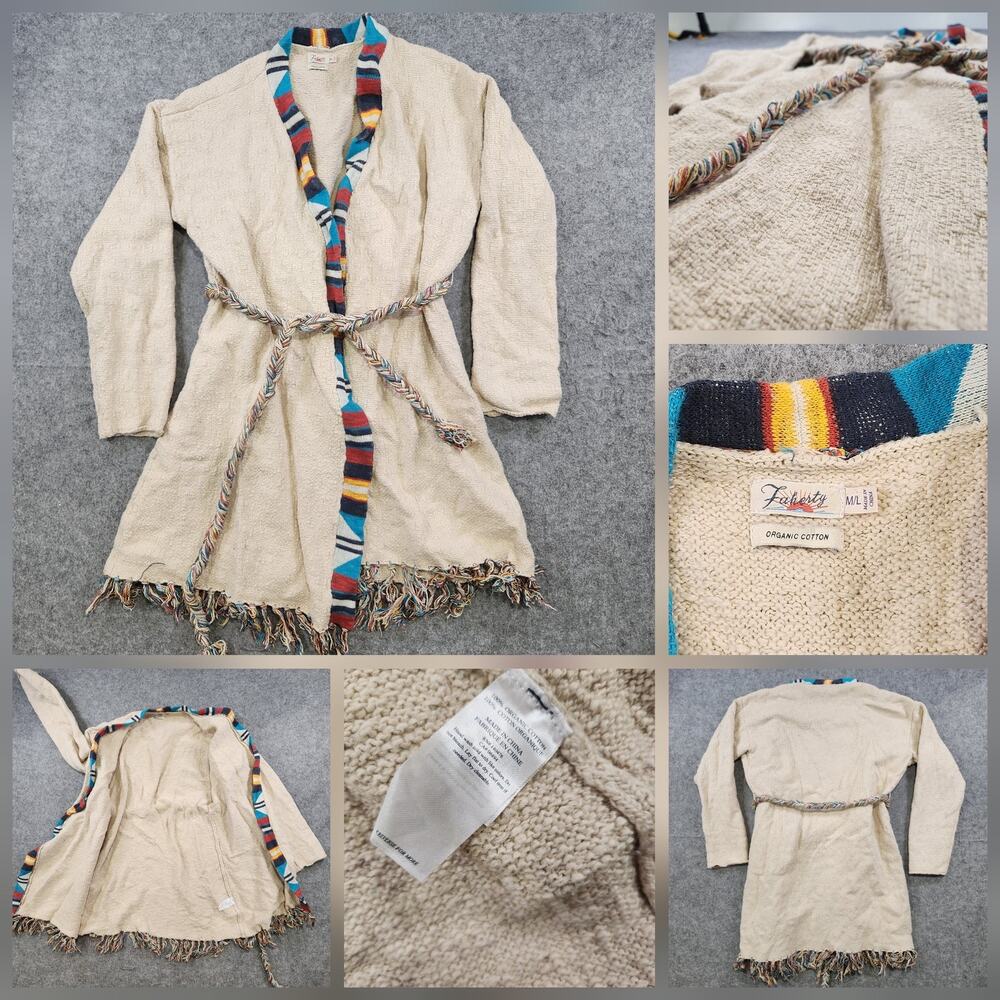 Faherty Sweater‎ Womens Medium Large Baja Belted Fringed Boho Crow Duster Stripe